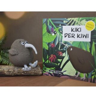 Kinderbuch "Kiki der Kiwi" (zweisprachig, Softcover) und gehäkeltes Kuscheltier Kiki.