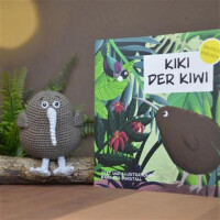 Kinderbuch "Kiki der Kiwi" (zweisprachig, Softcover) und gehäkeltes Kuscheltier Kiki.