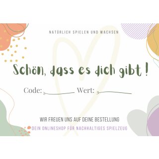 10 Euro Herzensgeschenk: Wertgutschein für Holzspielzeug & Kuscheltiere