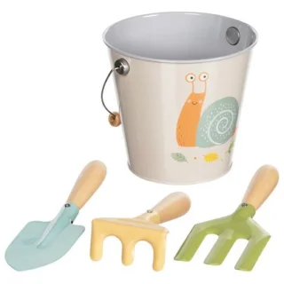 Eimer mit Gartenwerkzeug, Motiv Schnecke