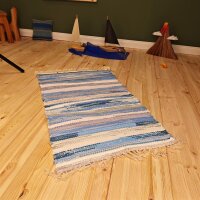 Handmade Flickenteppich 85x50 cm Blau Weiß