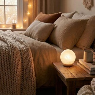 Himalaya Salzlampe „Planet“ White Line – Naturleuchte aus Salzkristall mit Holzsockel