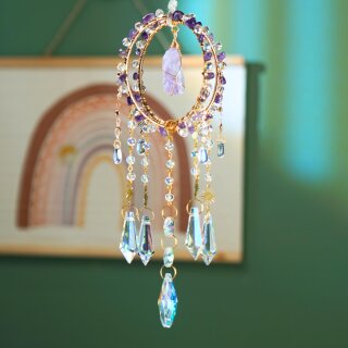 Edelstein Sonnenfänger Dreamcatcher 40 cm – Kristall Fensterdeko mit Amethyst