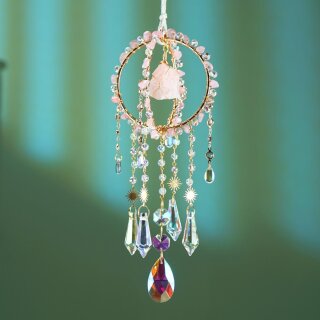 Edelstein Sonnenfänger Dreamcatcher Rosenquarz – Kristall Fensterdeko 40 cm