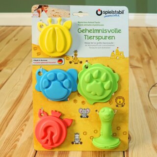 Spielstabil Sandstempel Set „Geheimnisvolle Tierspuren“ – Löwe, Elefant, Giraffe, Zebra